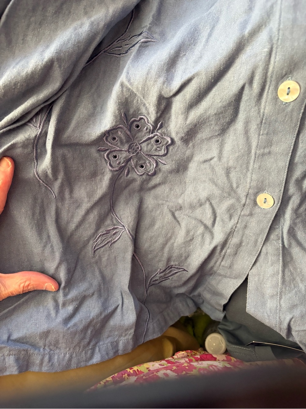 Requirements Light Blue Linen-Blend Shirt button up with embroidered details